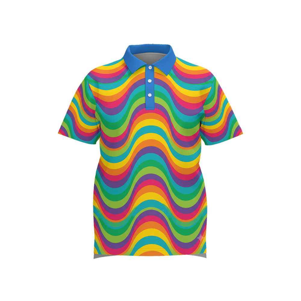 Retro Wave Polo - Rainbow wave print athletic golf shirt front view