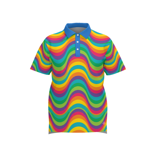 Retro Wave Polo - Rainbow wave print athletic golf shirt front view