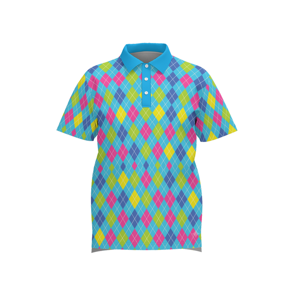 Cyber Cyan Wave Polo - Geometric cyan luxury golf shirt front view