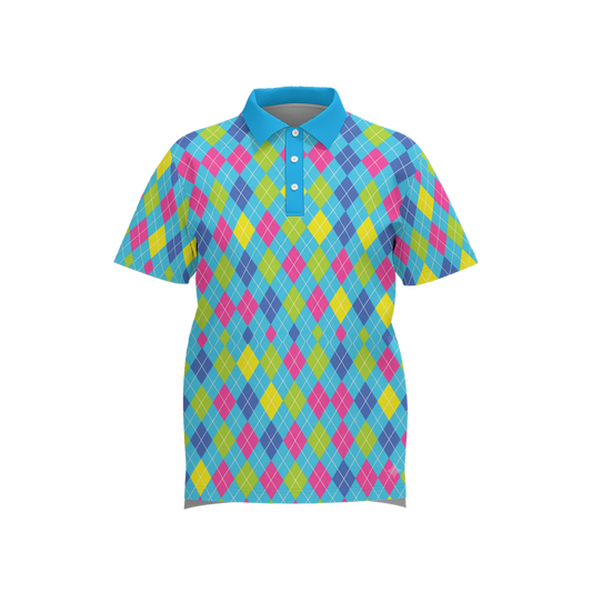 Cyber Cyan Wave Polo - Geometric cyan luxury golf shirt front view