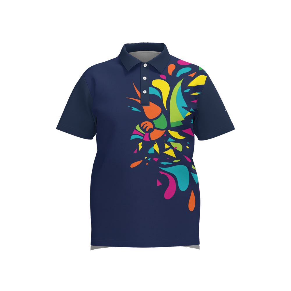 A navy blue short-sleeve polo shirt with a vibrant, multicolored abstract paint-splatter graphic on the right side of the chest, displayed on a clean white background.
