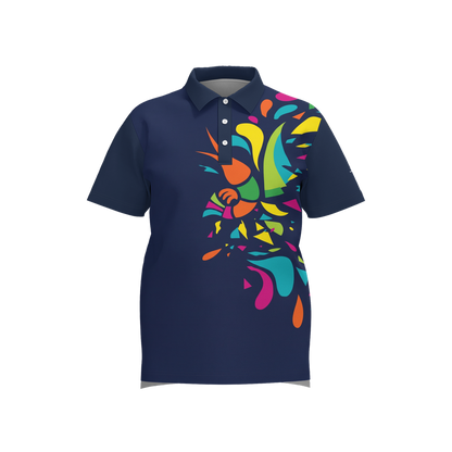 A navy blue short-sleeve polo shirt with a vibrant, multicolored abstract paint-splatter graphic on the right side of the chest, displayed on a clean white background.