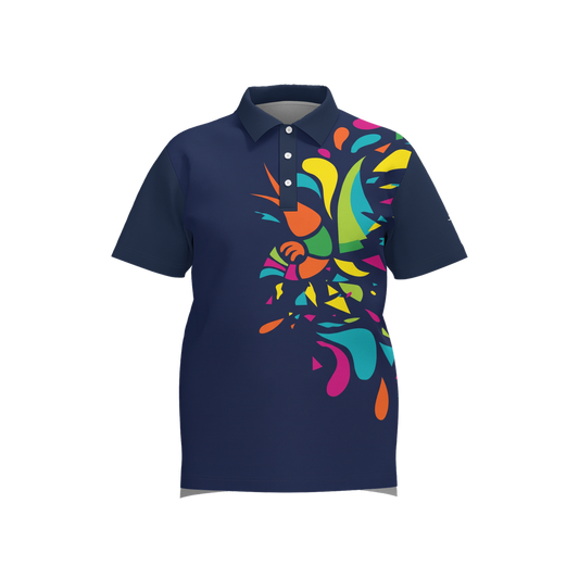 A navy blue short-sleeve polo shirt with a vibrant, multicolored abstract paint-splatter graphic on the right side of the chest, displayed on a clean white background.