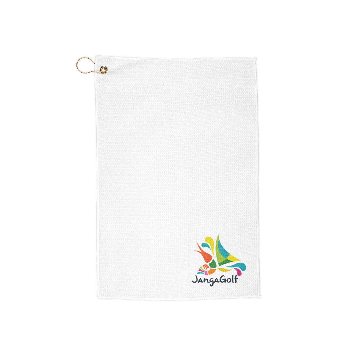 Janga Golf Waffle Microfiber Towel with gold grommet and colorful hummingbird logo