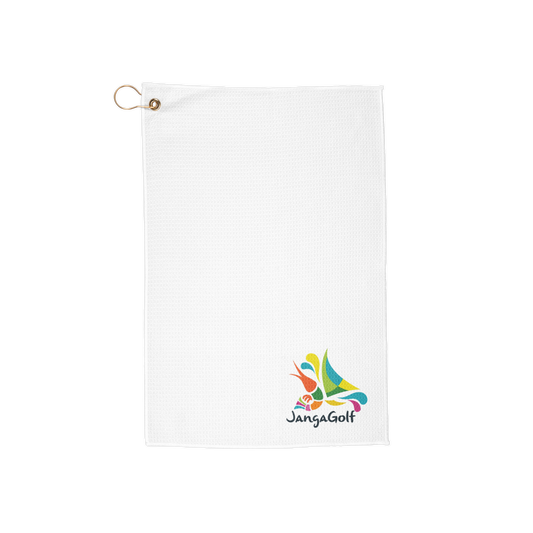 Janga Golf Waffle Microfiber Towel with gold grommet and colorful hummingbird logo